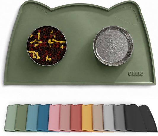 OHMO - Cat Food Mat, Silicone Pet Feeding Mat for Floor Non-Skid Waterproof Dog Water Bowl Tray, Easy to Clean Pet Placemat (Camo Green, 18 * 9.8'')