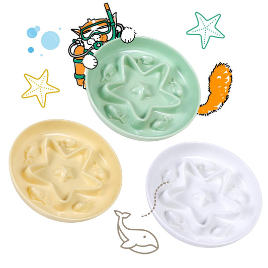 3 Pcs Cat Slow Feeder Bowl – Whisker Friendly Melamine Puzzle Feeding Cat Bowl for Slow Eating – Wet & Dry Food – Dishwasher Safe, Lightweight, Non-Slip (Shell White + Seafoam Green + Buttercream