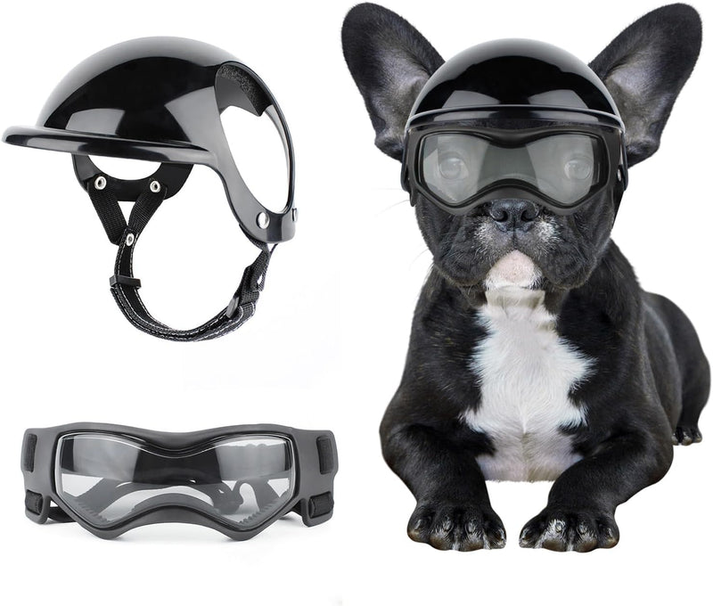 Dog Helmet and Goggles for Small Dogs - Pet Goggles Pet Motorcycle Helmet Hat with Ear Holes Adjustable Straps Safety He