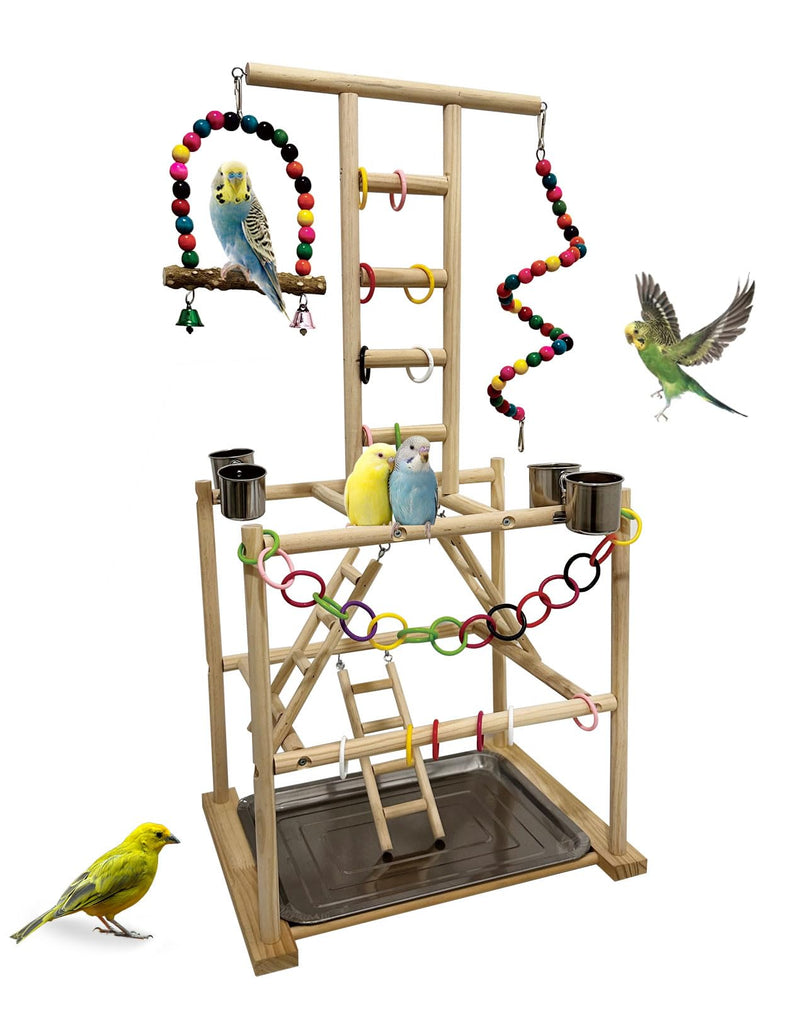 Niwaes Bird Play Stand, Large Parakeet Playground, Natural Wood Parrot Perch Stand, Birds Play Gym Cockatoos Cage Accessories with Feeder Cups Swings for Cockatiel Budgie Conure