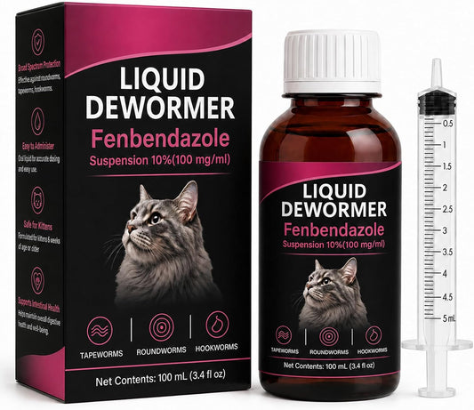 Fenbendazole Liquid Dewormer for Cats, 100 mg/mL Broad-Spectrum Oral Suspension for Tapeworms, Roundworms, Hookworms & L