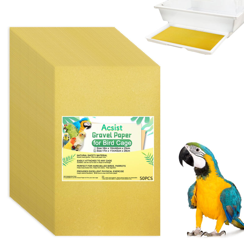 Acsist 50PCS Gravel Paper for Bird Cage, 17 x 11 inch Cuttable Sea Sand Paper Liners, Calcium Sandpaper for Hard-Billed Birds, Bird Cage Liners for Parrots,Cockatiels & All Your Feathered Friends