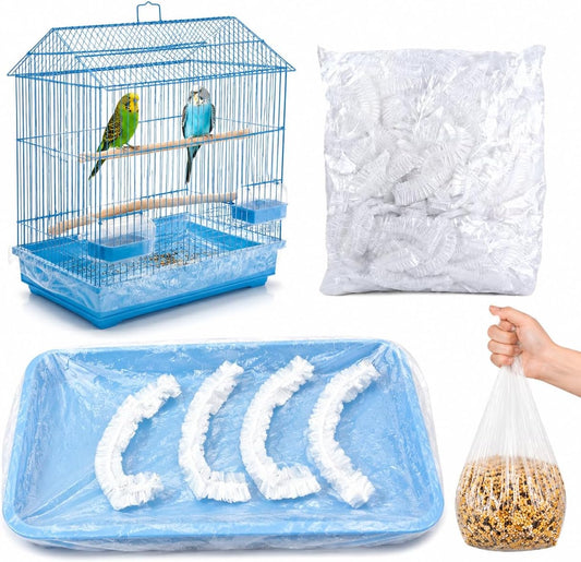 50 Pack Disposable Bird Cage Liners, Clear Plastic Cage Tray Liner Bags, Elastic Edge Disposable Liners for Parrots, Can
