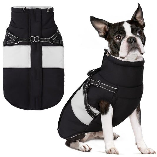 SUNFURA Small Dog Coat with Harness Built in, Warm Dog Jacket Winter with Zipper On Back, Waterproof Pet Snow Jacket Snowsuit Pet Sweater Clothes for Schnauzer, Yorkshire Terrier, Black S