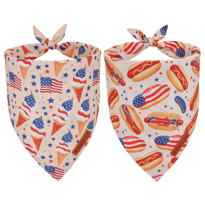 ADOGGYGO American Flag Dog Bandana, Ice Cream Hamburg Flag Pet Scarf, Premium Durable Fabric, Patriotic 4th of July Bandanas for Medium Large Dogs Pets (Large)