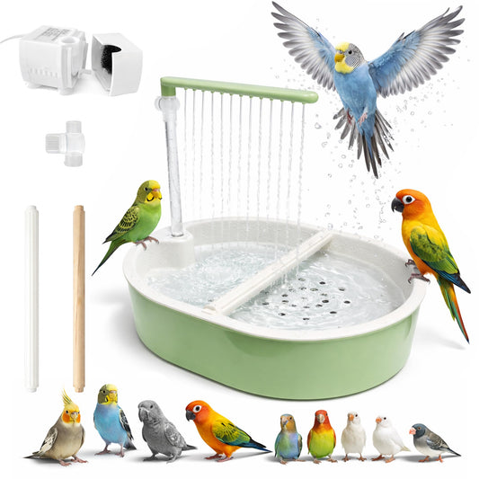 Indoor Bird Bath Fountain, Dual Rainfall Parrot Shower with Anti-Clog Pump & Filter Sponge, Adjustable Water Flow, Natural Beech Wood Perch, Bird Shower Spa for Parakeet, Cockatiel, Lovebird
