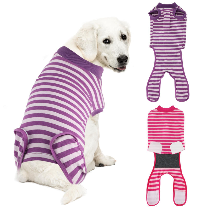 QUEARN 2 Packs Breathable Cotton Dog Recovery Suit for After Neuter Spay Abdominal Wounds Protector, Professional Anti-Licking Onesies for Male Female Pets Surgery Bandages, XL Purple & Pink Stripes