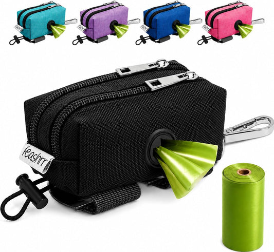 Dog Poop Bag Holder for Leashes - Dog Poop Bag Dispenser and Treat Holder with 2 Waterproof Pouches for Pet Waste Bags and Walking Accessories + 1 Free Roll - Leashrr 2.0 (Black)