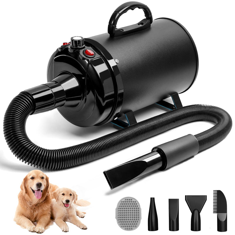 Blanlody High Velocity Dog Hair Dryer 5.2HP/ 3800W Professional Dogs Blower Grooming Dryer, Adjustable Temperature and Speed Pet Dryers with 4 Nozzles and a Comb, Black