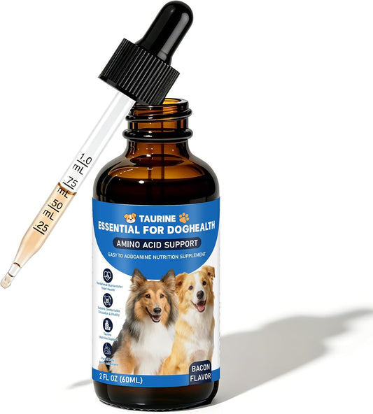 Liquid Taurine Supplement for Dogs - Bacon Flavor Dog Heart & Circulation Support with Dropper - Essential Amino Acid fo
