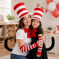 4 Pcs Cat Costume Accessory Red and White Striped Hat with Big Bow Tie, Gloves & Tail, Halloween World Book Day Cosplay 