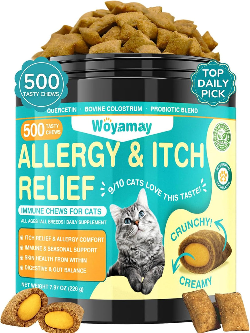 Woyamay Cat Allergy Relief for Cats, 500 Crunchy & Creamy Chews