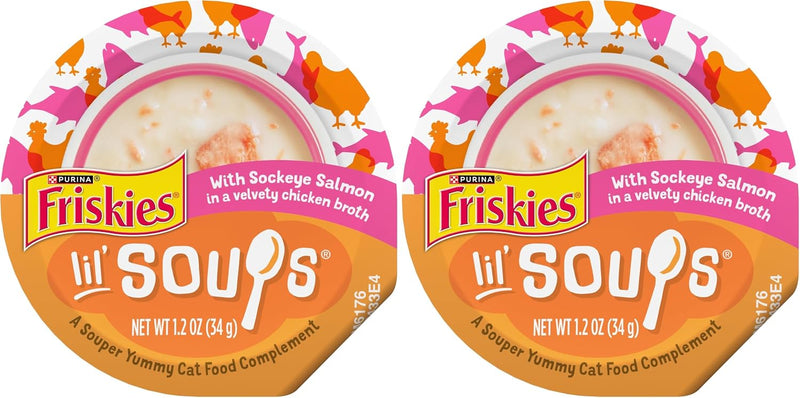 Friskies Purina Grain Free Lickable Cat Food Toppers Lil’ Soups with Sockeye Salmon in Chicken Broth - 1.2 oz. Cups,(Pac