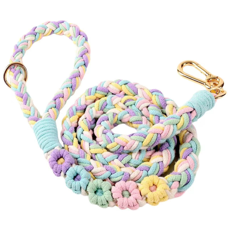 Handmade 5ft Braided Cotton Dog Leash with Unique Floral Handle, Durable and Stylish, Ideal for Small to Large Dogs, Rainbow Color