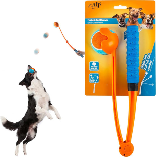 ALL FOR PAWS 25" Dog Ball Launcher, Foldable Ball Thrower with 2.5" Medium Tennis Ball, Dog Fetch Toy with Non-Slip Hand