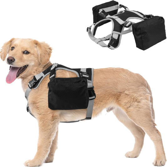 DORA BRIDAL Dog Backpack for Medium & Large Dogs, Dog Backpack Harness, Dogs Hiking Backpack with Side Pockets, Outdoors Pet Saddle for German Shepherd, Labrador (Black, Large)