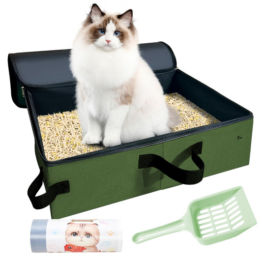 Large Portable Cat Travel Litter Box, 20x14x6.5 Inches with Zipped Lid & 10 Liners, Leak-Proof, Lightweight, Sturdy & Waterproof and Foldable for Hotels, Car, & Camping