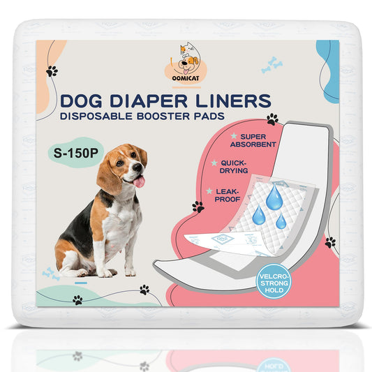 OOMICAT Dog Diapers Liners, 150 Ct, Super Absorbent Booster Pads for Male Dog Wraps and Female Dog Diapers, Lnnovative Hook-and-Loop Tape Design, Super-fit & No Shifting, Small Dog Diaper Pads
