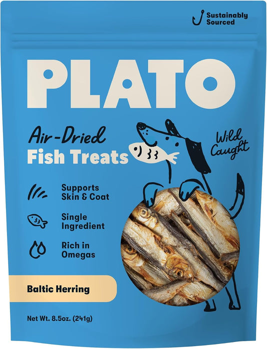 Plato Pet Treats Fish Dog Treats - Air-Dried, Single Ingredient Dog Treat - with Omega 3 & 6 Fatty Acids to Support Skin and Coat - 100% Whole Fish - Wild Caught Baltic Herring Dog Treats - 8.5 oz