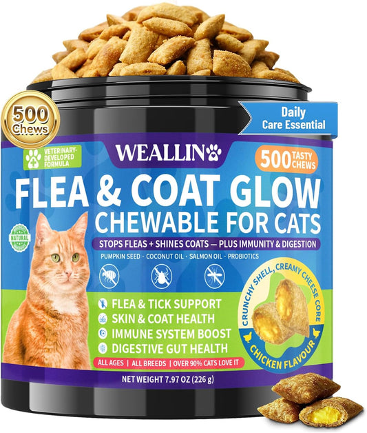 Flea and Tick Prevention for Cats - 500 Crunchy & Creamy Chews, Cat Flea Treatment with Skin & Coat Support, Oral Natural Flea Chewables for Gut & Immunity Support for All Breeds & Ages Chicken Flavor