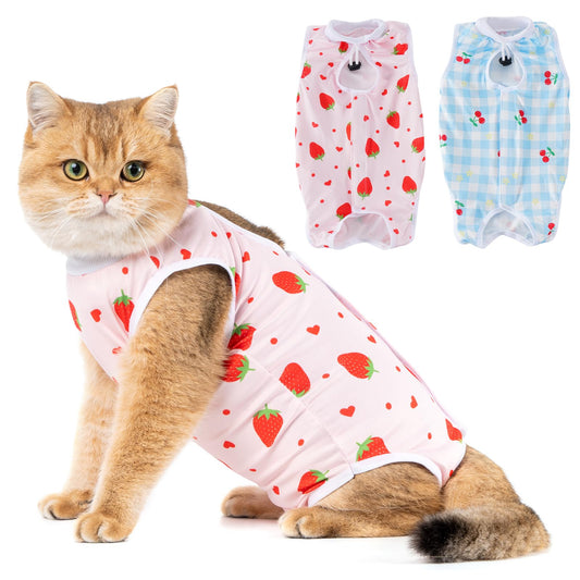 Avont 2 Pack Cat Recovery Suit - Kitten Onesie for Cats After Surgery, Surgical Spay Recovery Suit Female for Abdominal Wounds or Skin Diseases Protection -Cherry/Strawberry(M)