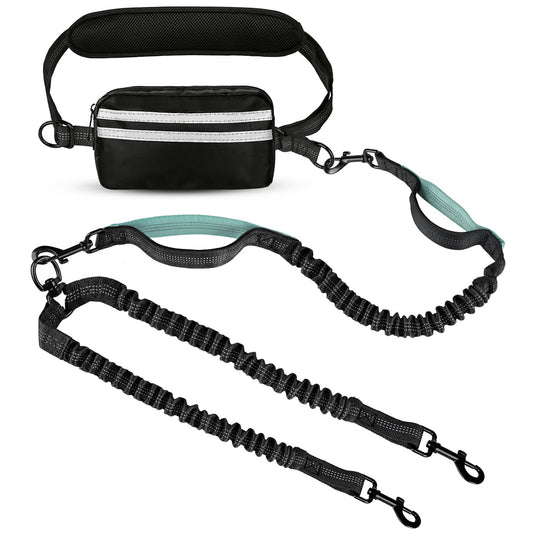Double Dog Leash no Tangle for Medium and Large Doggie Walking, Multifunctional Waist Leash with Waist Belt, Zipper Pouch and Shock Absoring Bungee, no Tangle (Large)