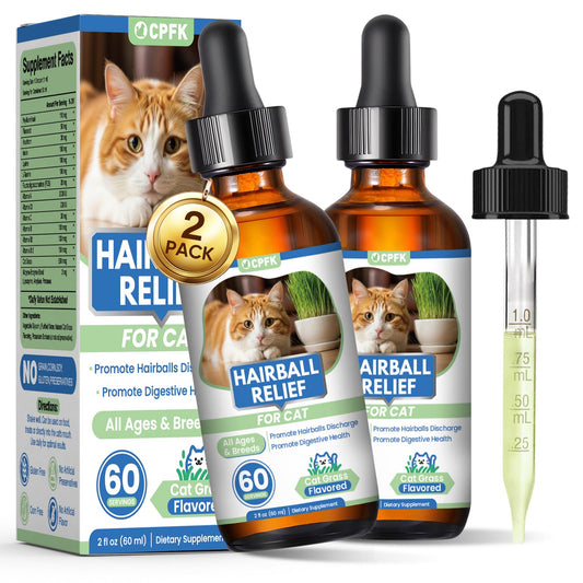 Cat Hairball Remedy Drops, 60 ml (2 fl oz) 2 Pack Cat Hair Ball Treatment Furball Control Relief Helps Eliminate and Prevent Hairballs for Indoor Cats Supports Skin and Coat Digestion