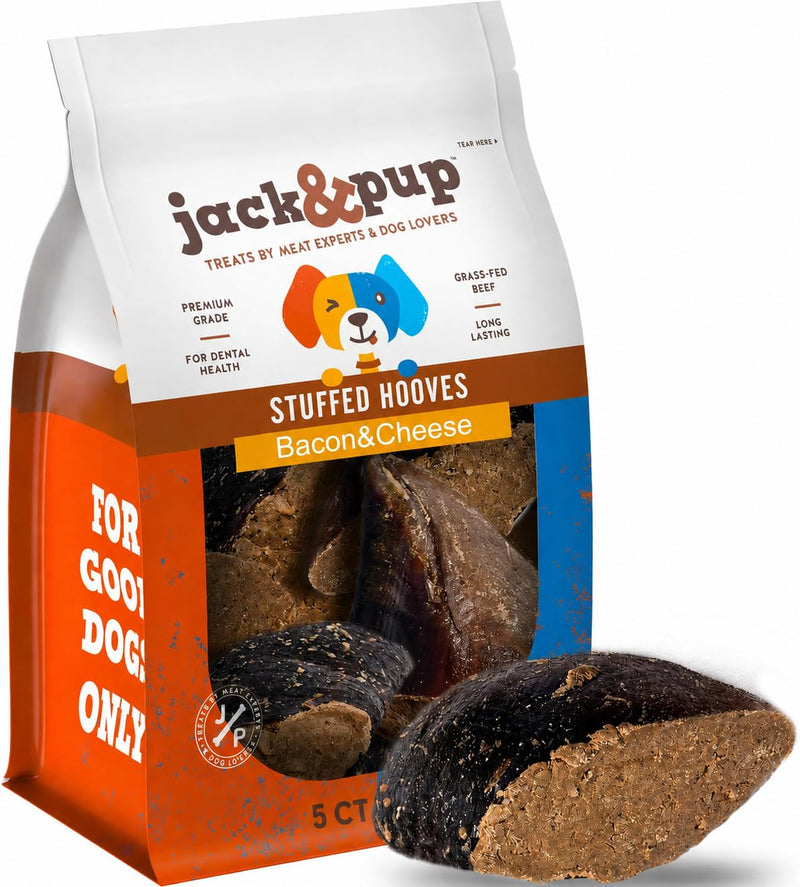 Jack&Pup Filled Cow Hooves for Dogs (5 Pack), Stuffed Cow Hoofs for Dogs, Long-Lasting Dog Chews, High Protein, Bacon and Cheese Flavor