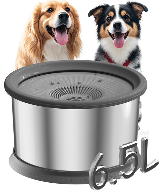 6.5L Dog Water Bowl No Spill 1.6 Gallon Stainless Steel Water Bowl for Dogs 220oz Large Capacity No Splash Slow Drinking Feeder with Anti-Slip Mat for Messy Drinkers 6.5L+2 Filters