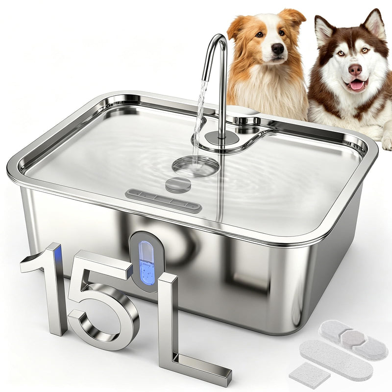 SANXUO Dog Water Fountion for Large Dogs,15L/4 Gal Stainless Steel Automatic Pet Water Dispenser,Ultra Quiet Dog Fountain Water Bowl with Water Level Window & LED Light, Include 1Set Filter