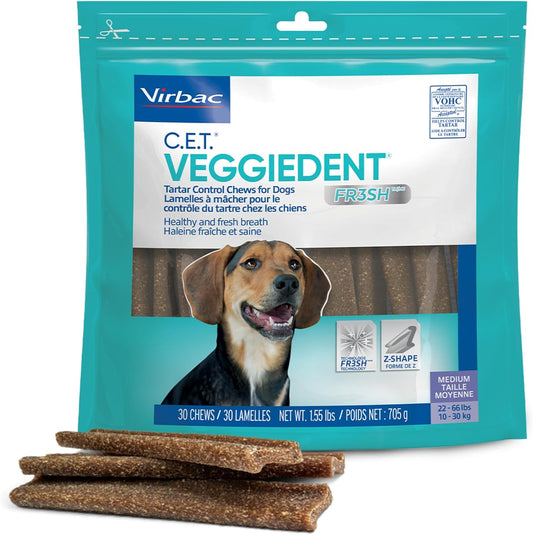 Virbac C.E.T.® VEGGIEDENT® FR3SH® Tartar Control Chews for Dogs with digestive health support, VOHC Approved, Medium 22-66lbs