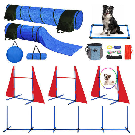 Dog Agility Course Backyard Set, Dog Agility Equipment, Portable Agility Training Equipment for Dogs, Build Dog Obstacle Course Backyard with 2 Tunnels, 3 Jumps, 6 Weave Poles & More, Dog Training Kit