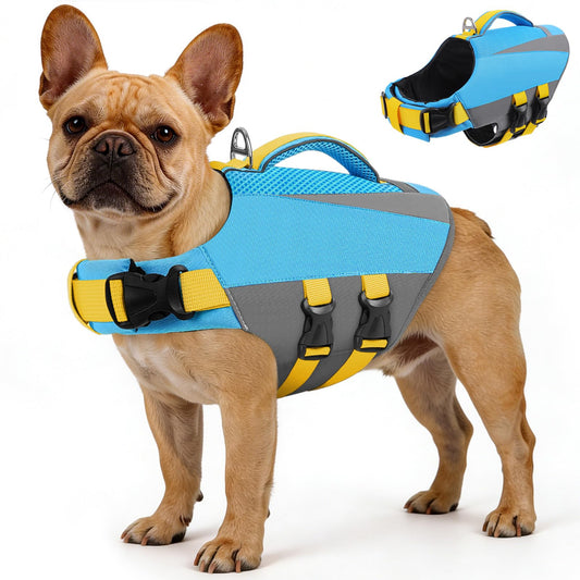 Queenmore Small Dog Life Vest for Swimming with Superior Buoyancy and Rescue Handle, Reflective High Flotation Dog Life Jacket for Spring Summer Pool, Puppy Preserver for Boating, Blue, S