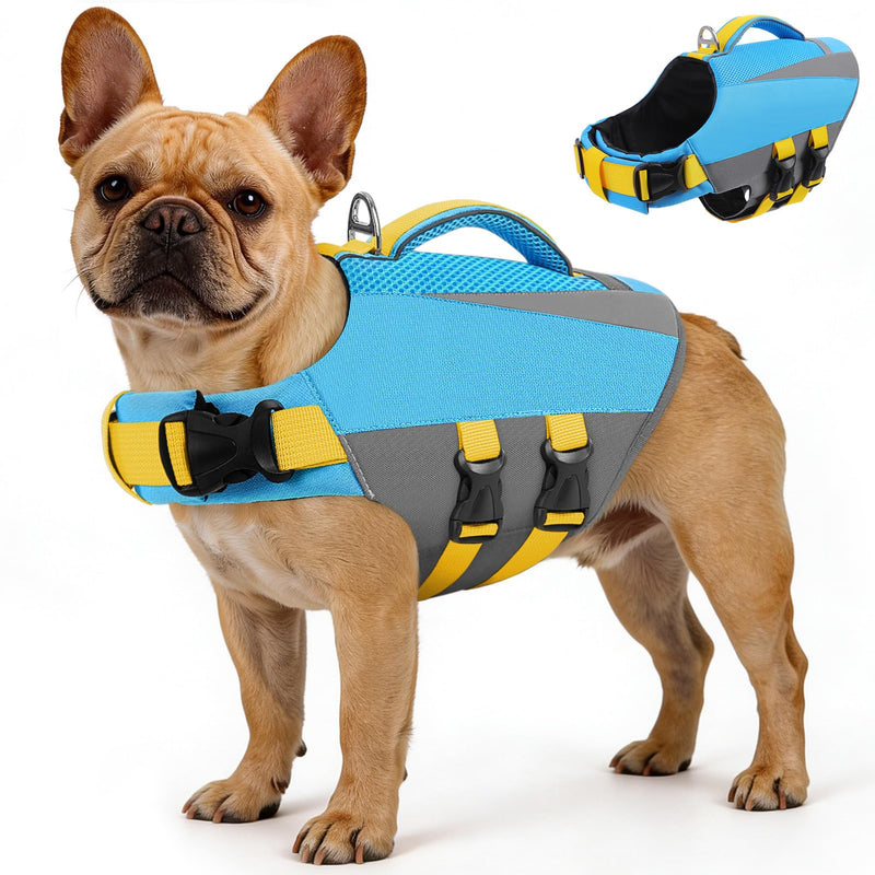 Queenmore Small Dog Life Vest for Swimming with Superior Buoyancy and Rescue Handle, Reflective High Flotation Dog Life Jacket for Spring Summer Pool, Puppy Preserver for Boating, Blue, S
