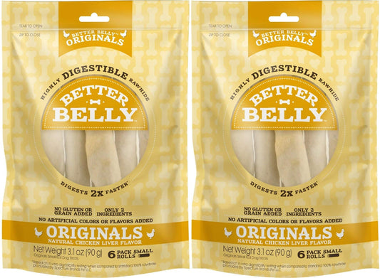 Better Belly Highly Digestible Rawhide Small Roll Chews, Treat Your Dog to a Chew with NO Artificial Colors or Flavors 6ct. 2pk