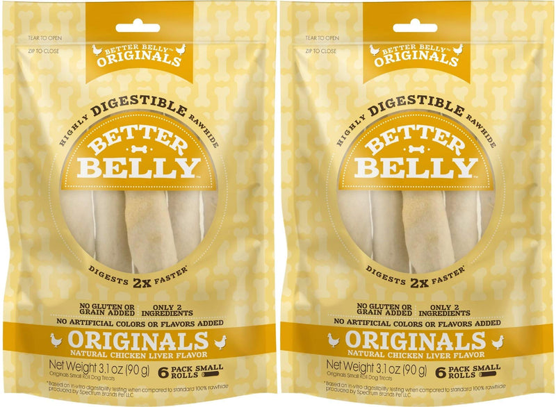 Better Belly Highly Digestible Rawhide Small Roll Chews, Treat Your Dog to a Chew with NO Artificial Colors or Flavors 6ct. 2pk