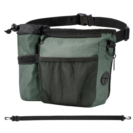 Erhalithegro Dog Treat Training Pouch with Magnetic Zipper Closure - Built-in Poop Bag Dispenser, Side Pocket for Dog Water Bottle, 3 Ways to Wear,Carry Kibble & Pet Toys (GrayishGreen)