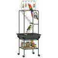 PawHut 64" H Rolling Bird Stand Parrot Playstand with Seed Guard & Wheels, Steel Bird Playground Gym with Ladders, Swing, Toy Hook & Bowls, Large Parrot Perch for Cockatiels, Conures, Parakeets