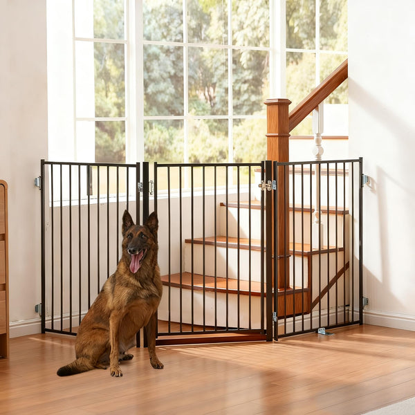 No Pawblems Free Standing Dog Gate with Door, 36'' Tall Foldable Dog Fence for Indoor & Outdoor, Up to 78 Inch Extra Wide Puppy Gate for Stairs, Hallways, Doorways, Deck, Yard (Black, 3 Panels)