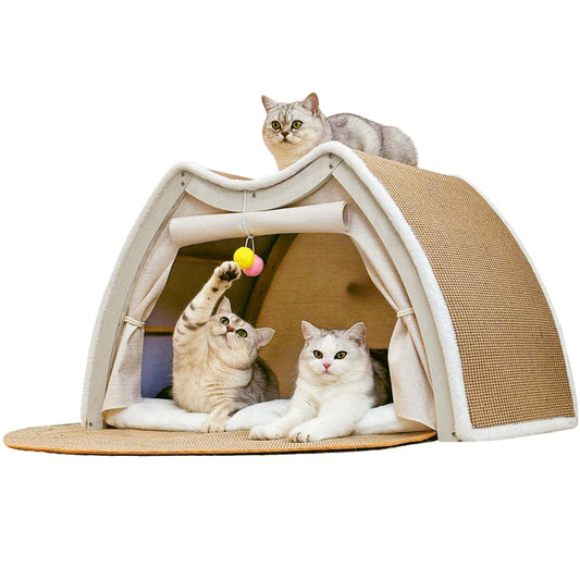 Cat Houses for Indoor Cats - 4 Seasons Cat Bed Cave with Natural Sisal Cat Scratcher Mat, Solid Wood Frame Cat House with Curtains and Cat Floor Scratching Pad Rug, Protect Couch and Carpets, M