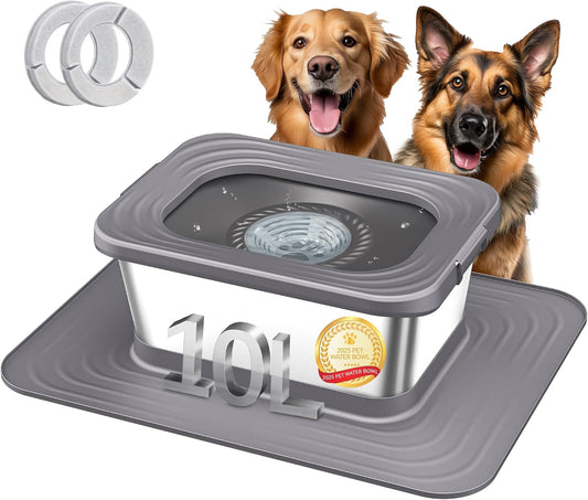 Decflow 10L Stainless Steel Dog Water Bowl, No Spill Anti-Splash Dog Bowls with XXL Silicone Mat, Spill-Proof Slow Feeder for Messy Drinkers, Heavy Duty Pet Bowls for Indoor/Outdoor Use Grey