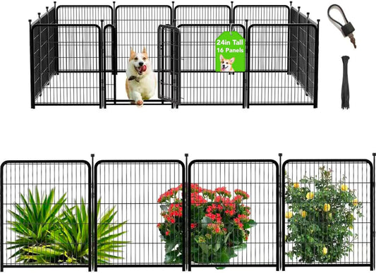 Getlay Dog Playpen 24 inch(H) 16 Panels Dog Fence Outdoor for Yard. Metal Dog Pen Heavy Duty Pet Puppy Exercise Pen for Rv Camping Garden Yard, Wide Door Low Threshold Dog Fence Total 31.4 Ft(L)