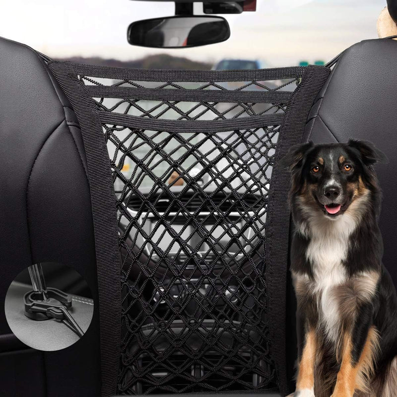 Dog Car Net Barrier 3 Layer 15.7''×13.7'' with Auto Safety Mesh Organizer, Stretchable Storage Bag Backseat Mesh Univers