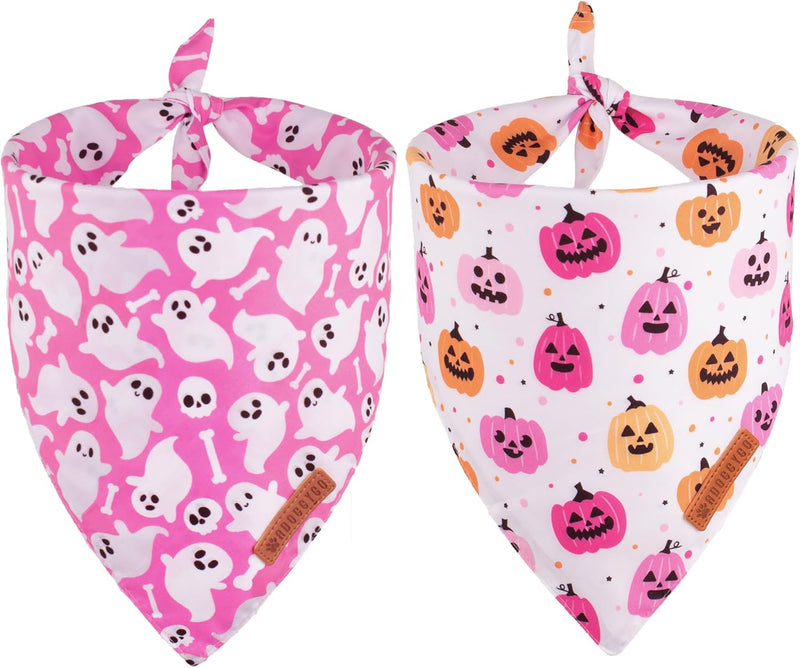 ADOGGYGO Halloween Dog Bandanas Girl, Pink Pumpkin Ghost Dog Scarf