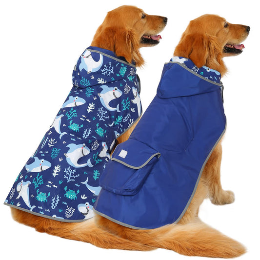 HDE Reversible Dog Raincoat Hooded Slicker Poncho Rain Coat Jacket for Small Medium Large Dogs Sharks - 3XL