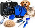 8-Piece Dog Grooming Kit for Dogs & Cats, Pet Grooming Set with 2 Grooming Gloves, 17 & 9 Tooth Dematting Rake, Fine-Too