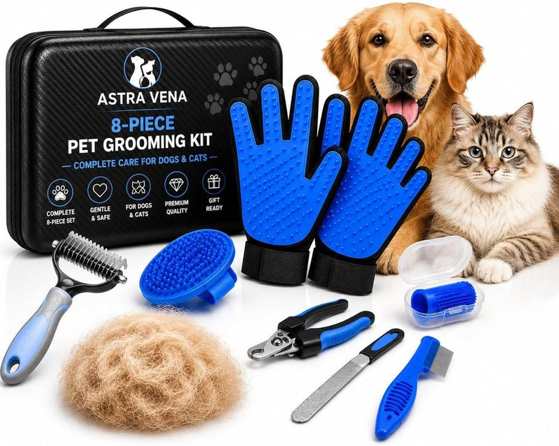 8-Piece Dog Grooming Kit for Dogs & Cats, Pet Grooming Set with 2 Grooming Gloves, 17 & 9 Tooth Dematting Rake, Fine-Too