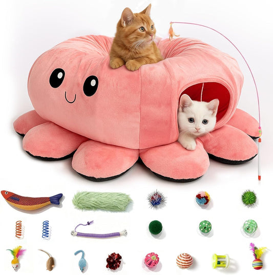 VIEFIN Cat Tunnel Bed with 20 Cat Toys, Collapsible Play Tunnel for Indoor Cats, Kitten Toys for Indoor Kittens, Octopus Shaped