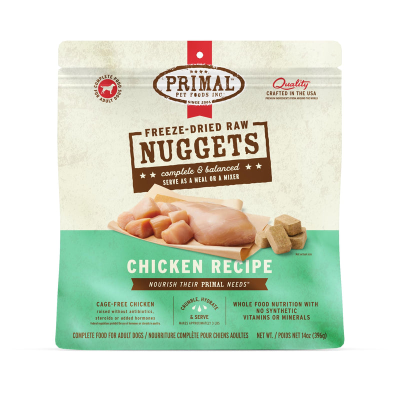 Primal Freeze Dried Dog Food Nuggets, Chicken; Complete Balanced Meal, Topper or Treat; Premium, Healthy, Grain Free, High Protein Raw Dog Food, 14 oz