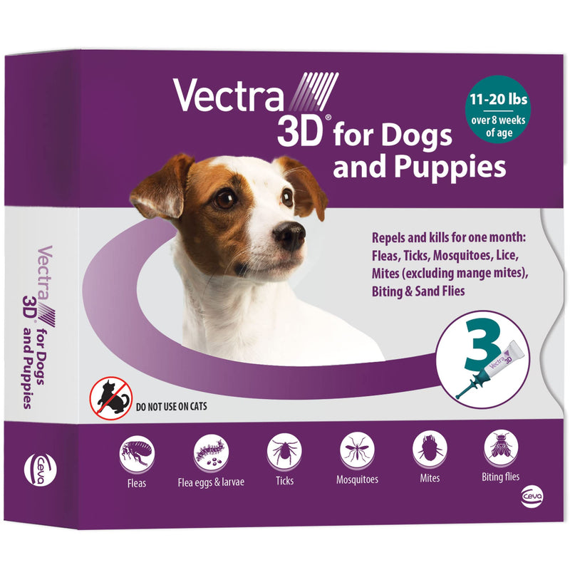 Vectra 3D Flea and Tick Prevention for Dogs, Kills and Repels Fleas, Ticks & Mosquitoes | Fast‑Acting, Waterproof, No Prescription Needed | Small Dogs 11-20 lbs, 3‑Month Supply